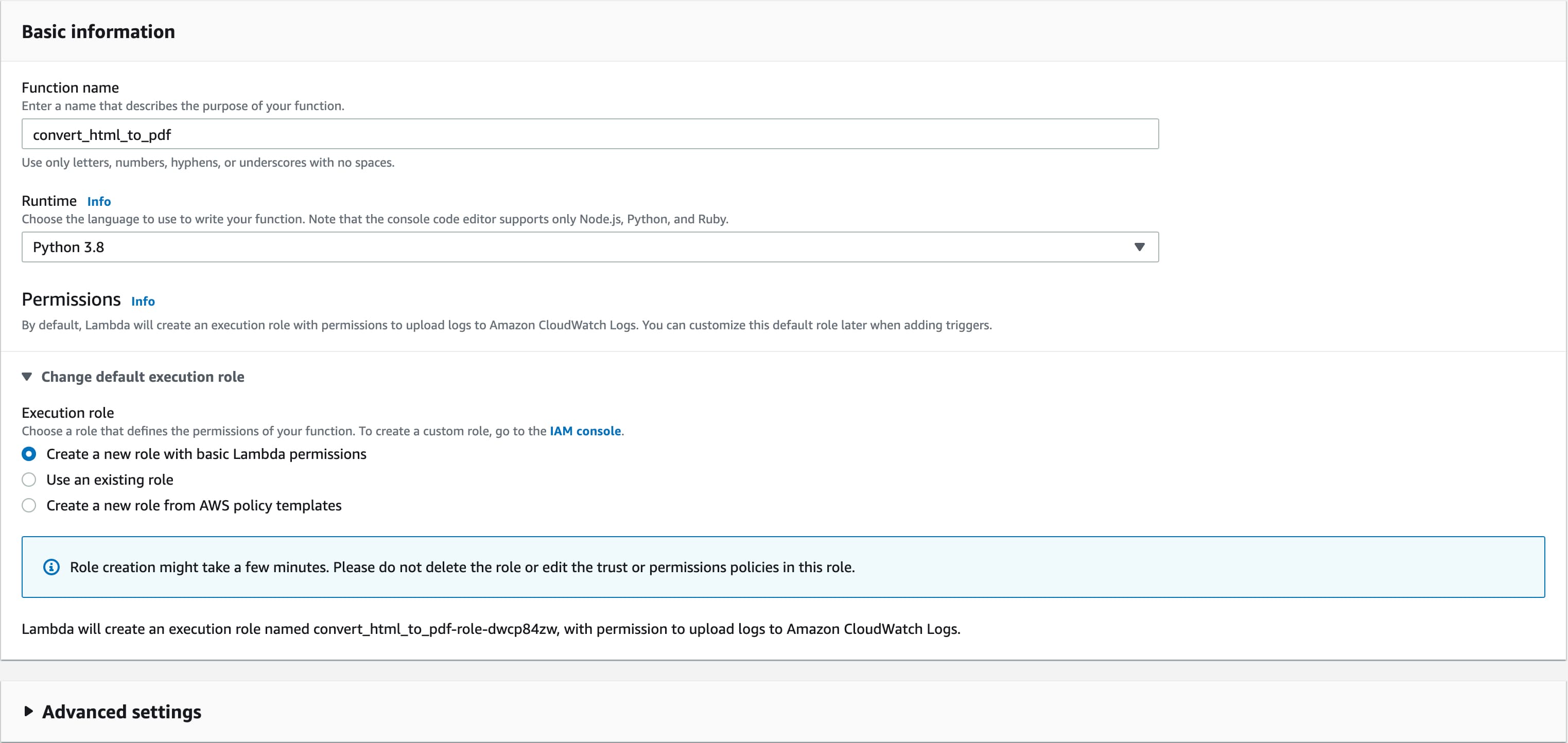 AWS Lambda function configuration