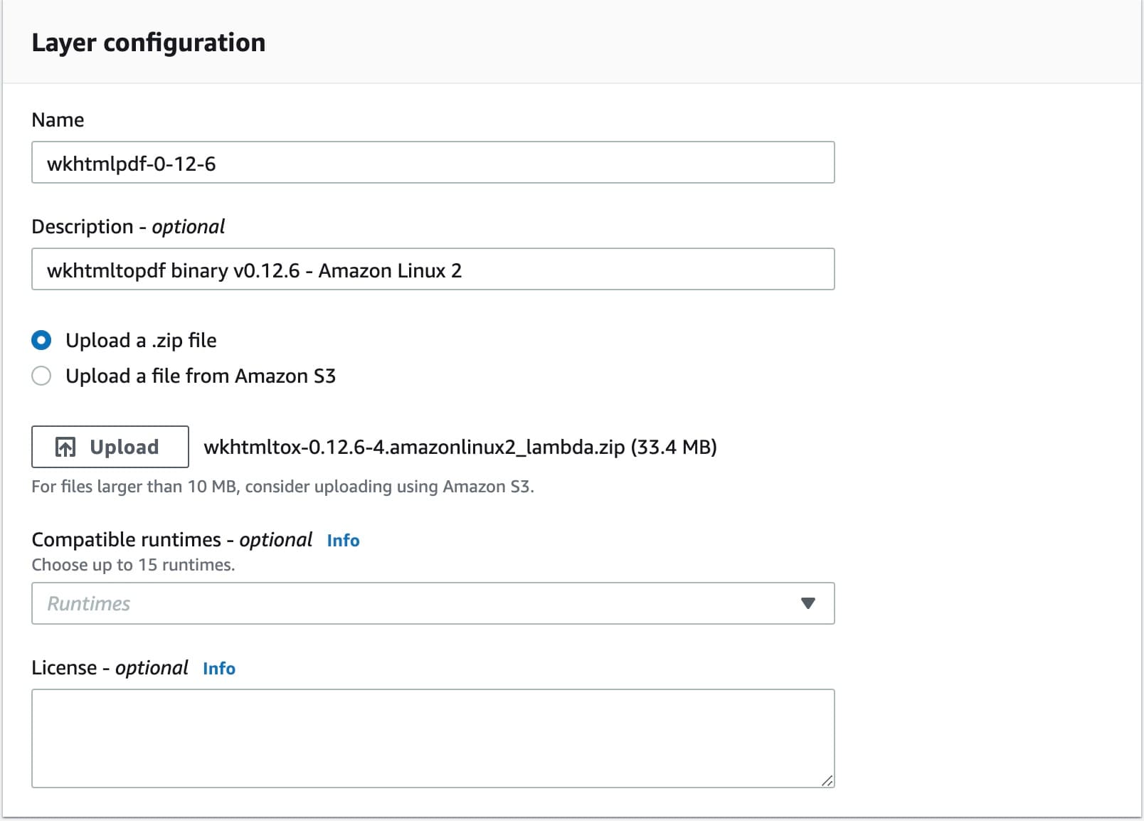 AWS Lambda layer configuration